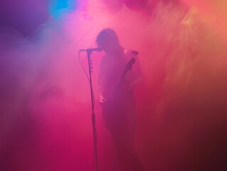 shoegaze band performing on stage, enveloped in thick fog and illuminated by ethereal, multicolored lighting