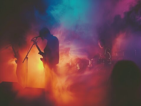 shoegaze band performing on stage, enveloped in thick fog and illuminated by ethereal, multicolored lighting