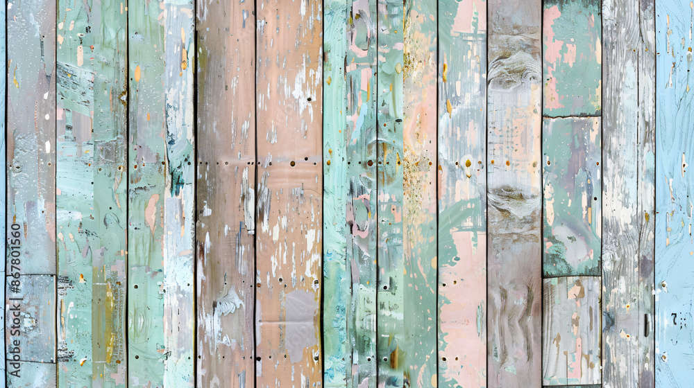 Poster Weathered wooden planks with flaking paint texture creating a rustic backdrop