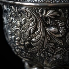 ornate silver chalice, showcasing the intricate engravings and fine details that adorn the piece. The image highlights the craftsmanship and artistic skill required to produce such a finely d