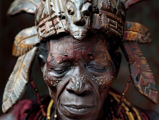 Dogon elder wearing the Satimbe mask, which represents the mythical ancestors and honors women. The mask, featuring a female figure atop the headdress, is intricately carved and painted. 