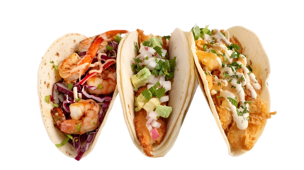  Grilled fish taco, battered fish taco, and shrimp taco, arranged distinctly on a bright white surface