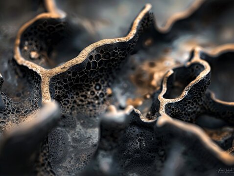 macro photograph of structure of a fulgurite formation. The image captures the delicate, branching patterns formed by the fusion of sand or soil due to lightning strikes.