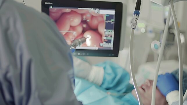 medical professional performing an Endoscopic Retrograde Cholangiopancreatography (ERCP) procedure. The endoscopist, dressed in sterile scrubs and gloves, is carefully inserting the endoscope 