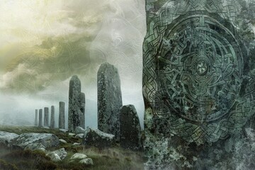 stylized Celtic knotwork interwoven with snippets of Cornish poetry, set against a backdrop of ancient standing stones and mist-shrouded moors, celebrating the linguistic heritage and mystical 