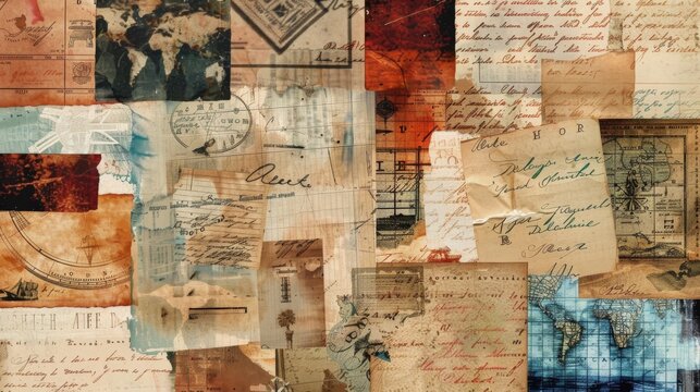 A digital collage combining images of historical letters, maps, and envelopes, with elements of different times and places blending together