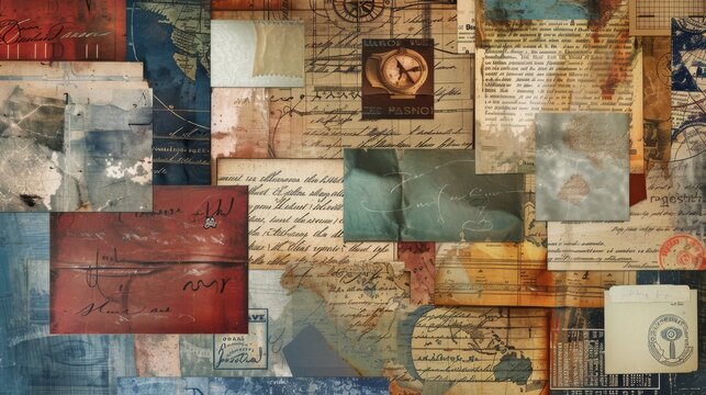 A digital collage combining images of historical letters, maps, and envelopes, with elements of different times and places blending together