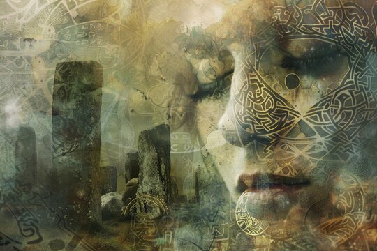 stylized Celtic knotwork interwoven with snippets of Cornish poetry, set against a backdrop of ancient standing stones and mist-shrouded moors, celebrating the linguistic heritage and mystical 