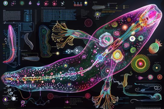 artwork merging scientific diagrams and stylized illustrations of planarian anatomy, intricately detailing the organism regenerative capabilities through vivid colors and precise anatomical accuracy