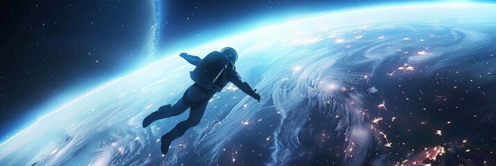 daredevil skydiver plunging from the edge of space, the curvature of the Earth and the infinite cosmos stretching out behind them, capturing the thrill and courage of pushing beyond earthly limits