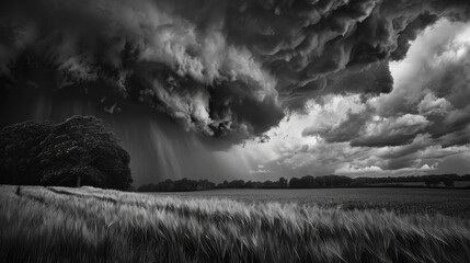 leading edge of a derecho storm as it approaches a rural landscape. The image shows a wall of dark, menacing clouds with a curtain of rain beneath, sweeping across the fields