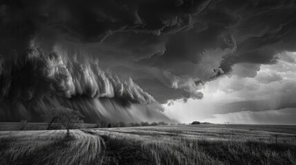 leading edge of a derecho storm as it approaches a rural landscape. The image shows a wall of dark, menacing clouds with a curtain of rain beneath, sweeping across the fields