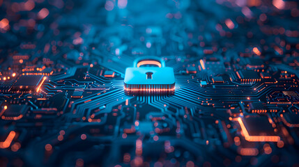 3D representation of cybersecurity concept featuring a digital padlock and data flow on a circuit board background. Abstract futuristic design element for internet and system protection in the style o