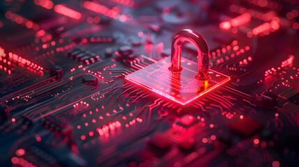 3D representation of cybersecurity concept featuring a digital padlock and data flow on a circuit board background. Abstract futuristic design element for internet and system protection in the style o
