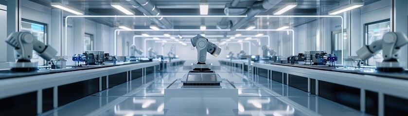 Futuristic factory with robotic arms in a clean, well-lit, modern setting, showcasing advanced manufacturing technology