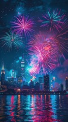 Vibrant fireworks light up a city skyline by night, reflecting on the water, evoking celebration and joy