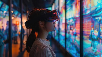Obraz premium Woman in VR headset explores vibrant, futuristic digital art gallery with neon colors and immersive atmosphere