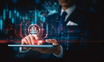 Fototapeta premium banking Businessman Uses Tablet and Digital Networking Interface on Banking Icon on Financial Platforms, Transactions