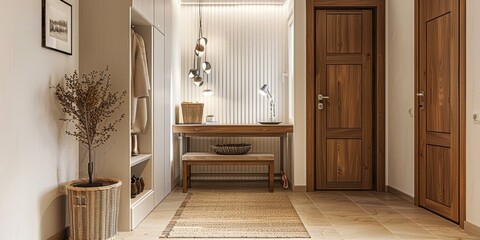  Interior stylish modern wooden entrance hallway decor with cozy wooden tone, contemporary home with furniture desk, stand and shoe bench. 
