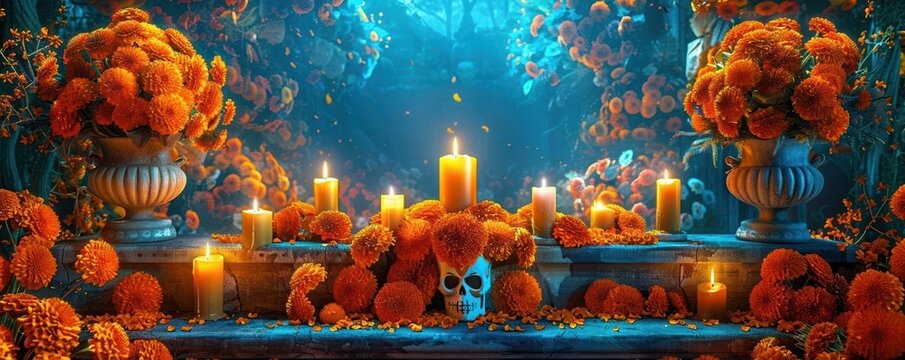 Vivid marigold flowers and warm candlelight create a serene, celebratory atmosphere. The setting exudes mystical, colorful vibes