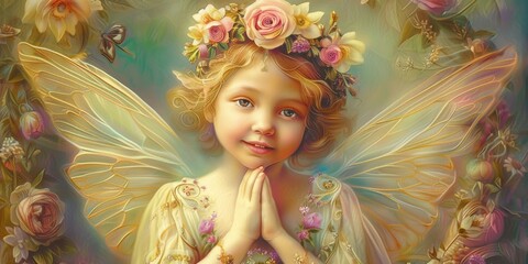 Fototapeta premium Cute little angel with wings in a wreath of flowers.