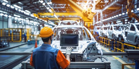 Automotive engineer at car factory using laptop. Factory is producing vehicles with robotic arms technology in an automated assembly plant.