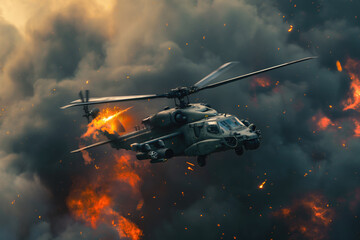 Naklejka premium Military helicopter flying through smoke and fire during a combat mission. Concept of warfare and military operations. Defense, military strategy, and action scenes.