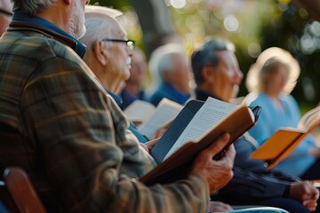 Outdoor Christian service with congregation reading