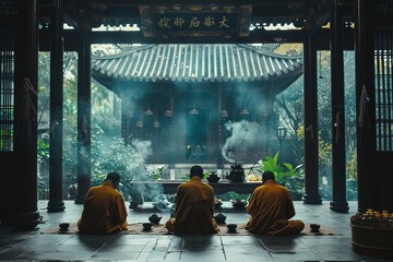 Monks performing a tea ceremony in a traditional temple