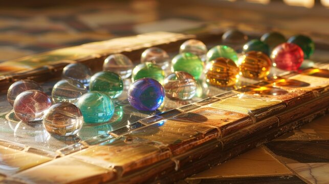 Classic Mancala Game with Glass Pieces on Tile Surface
