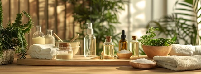 Serene spa setup featuring towels, succulents, and essential oils on a wooden tray in a cozy environment.