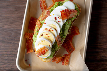 A top down view of a plate of avocado toast.