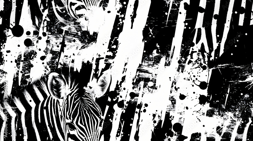Poster Abstract black and white grunge background merging with zebra pattern to create a striking design