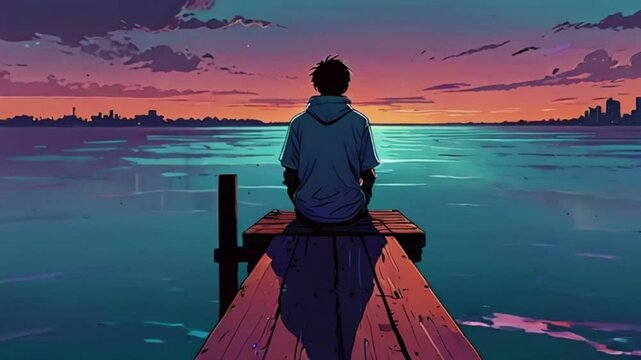 Lofi sad Boy in sun sets, reflecting on lost love, anime chill hip hop. Cyan purple colours manga style Japanese anime-style 4k lofi hip-hop bites landscape music background animation video