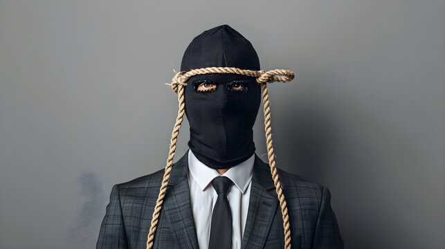 Businessman Bound Rope Masked Face Conceptual Portrait