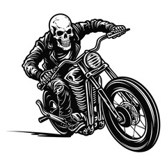 Bold Detailed Skeleton Biker on Motorcycle, Tattoo Style, High-Quality Clean Full-Body SVG Outline Illustration, Perfect for Biker Themes and Retro Artwork
