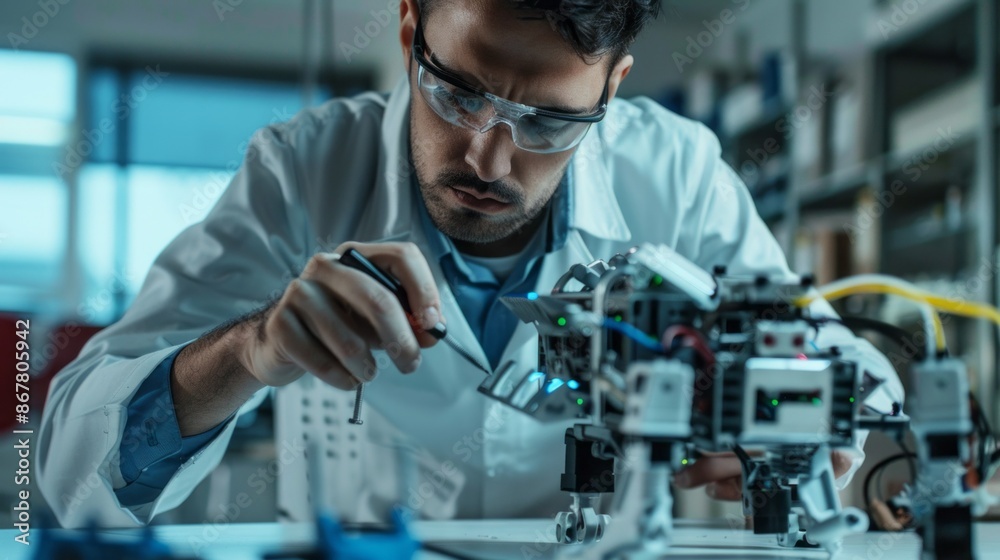 Poster A Hispanic engineer in a lab coat meticulously works on a robotic prototype, his focus intense as he examines the intricate circuitry