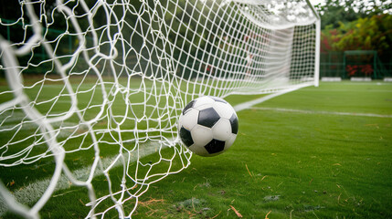 A soccer ball is captured flying in the air as it hits the back of the goal net, stretching it out, on a green field