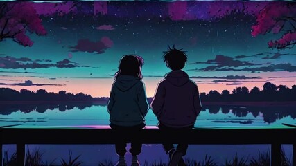 Lofi lovely romantic couple walking, glow love affection Cyan purple colours manga Japanese anime-style 4k lofi hip-hop bites landscape music background animation video