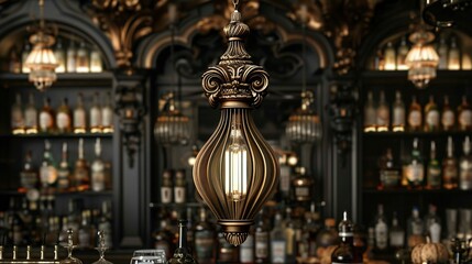 Obraz premium A lamp perched atop a table, illuminating a shelf filled with bottles and a chandelier