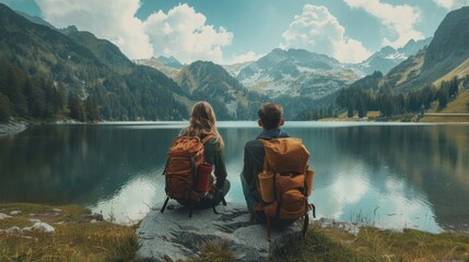 Travelers couple team look on the mountain landscape. Travel and active life concept as Adventure travel in the mountains region in lake ai generated