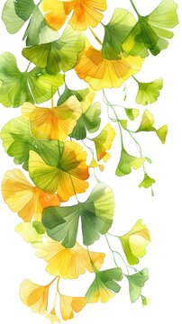 Ornamental pattern featuring vivid golden and green ginkgo leaves on a minimalist white backdrop.