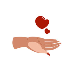 Hand gesture about love. Hand giving love. Hearts above the palm. Vector illustration.