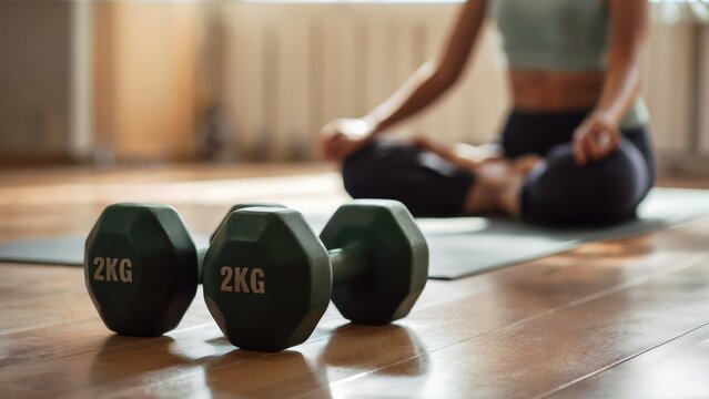Serene Indoor Space with Dumbbells and Woman Meditating on Yoga Mat