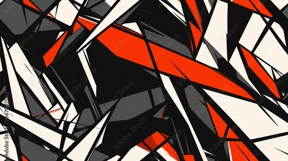 Poster Abstract geometric shapes in red, black and white colors create a seamless pattern