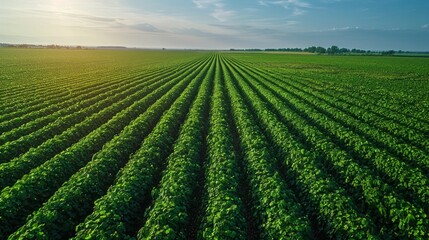 Aerial view of a huge, lush bean field with a clear blue sky in the background.