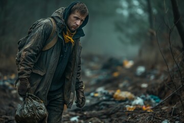 Obraz premium A person wanders through a wooded area littered with trash, depicting environmental pollution and neglect