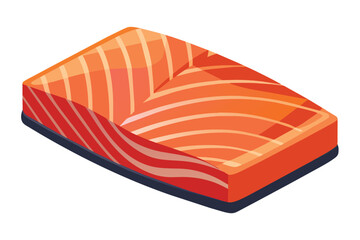 Salmon isometric icon in shades of pink and orange, representing a fish, slice of fish for protein , on a white background.