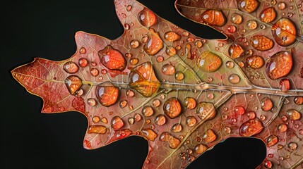 Oak Leaf Adorned with Living Coral Colored Water Droplets