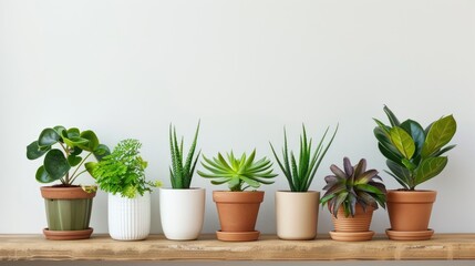 Fototapeta premium Variety of lovely houseplants in pots on wooden table against white wall